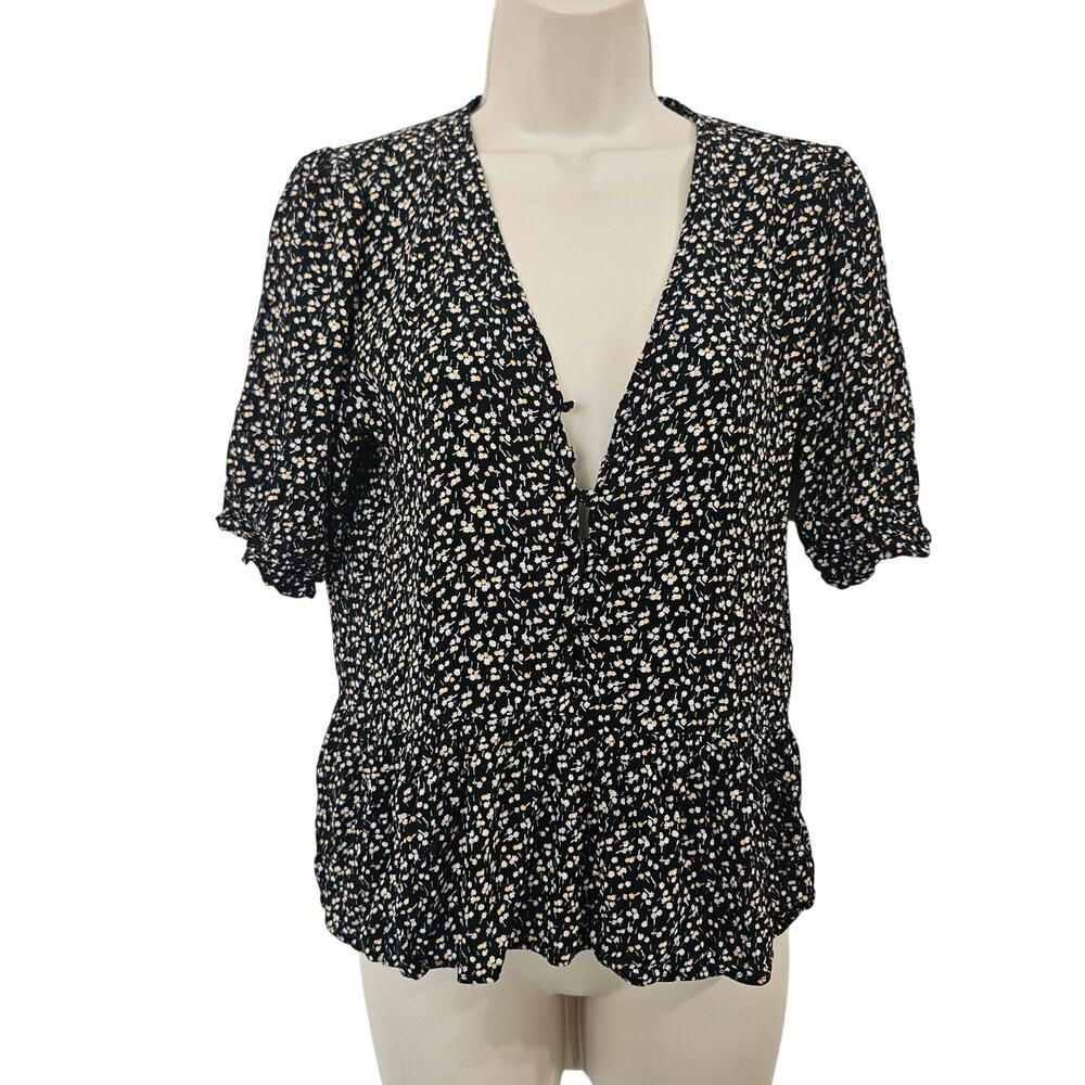 MADEWELL Courtyard Ruffle-Hem Top in Playground Posies True Black Size M